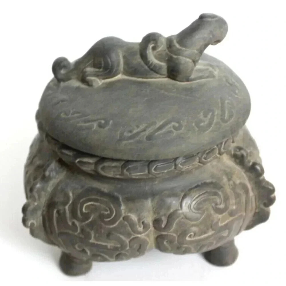 Vintage Cermatic Footed Chinese Pot Jar Wine W/ Lid Vessel Room Decor - Picture 3 of 4